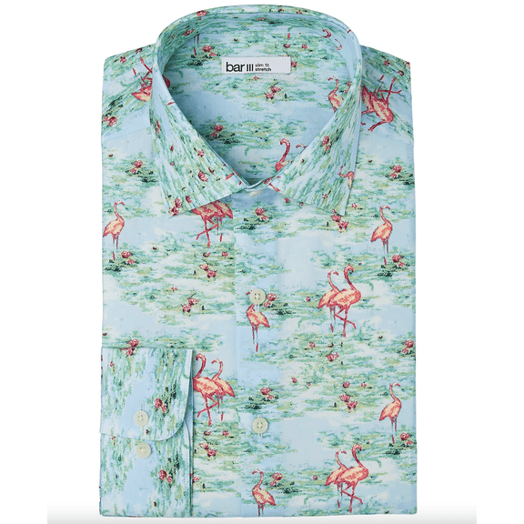 Bar III Men’s Slim-Fit Performance Stretch Flamingo-Print Dress Shirt (Medium, 15-15.5)