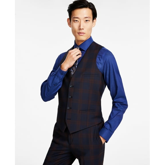 Bar III Men’s Slim-Fit Plaid Suit Vest, Burgundy/Blue, Small