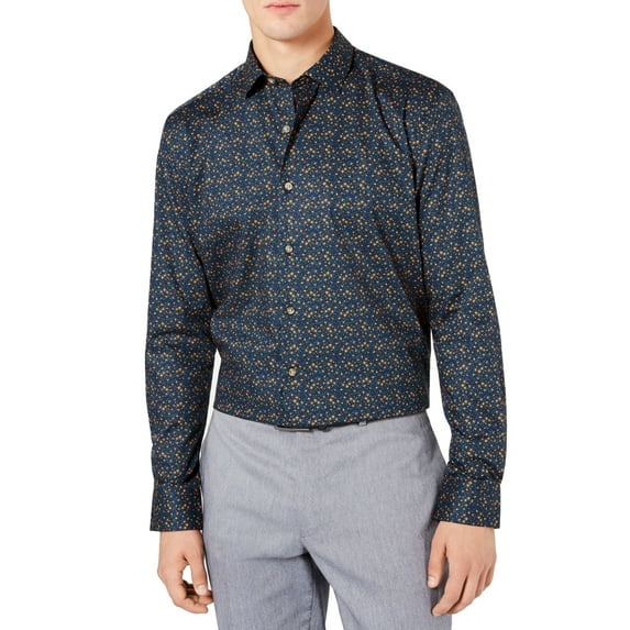 Bar III Men's Slim-Fit Stretch Easy-Care Watercolor Floral Dress Shirt Dark Blue Size 17.5x36-37