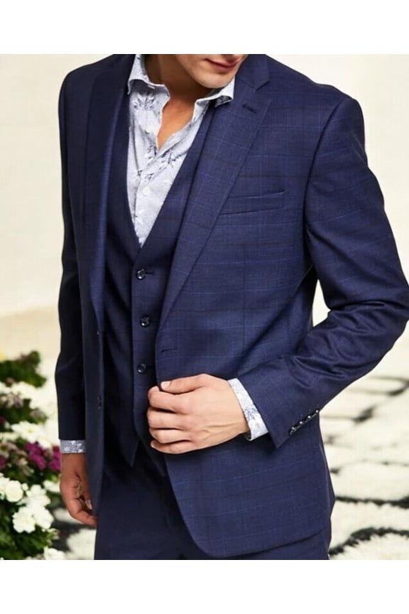 Bar III Men's Slim-Fit Wool Suit Jacket, Navy Plaid, 44S