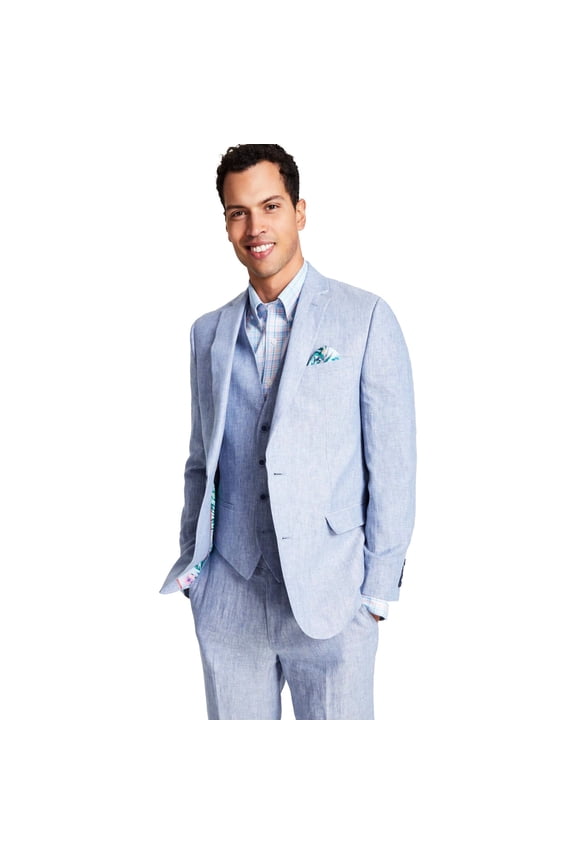 Mens Slim-Fit 100% Linen Chambray Sport Coat Blazer Suit Jacket Blue 46R