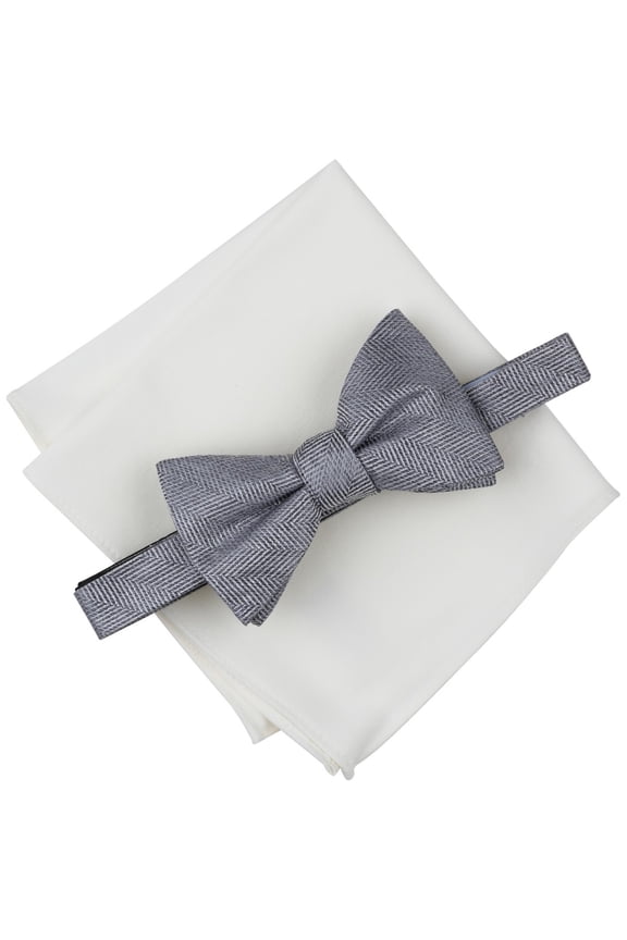 Mens Chevron Bow Tie & Solid Pocket Square Set Light Gray Grey