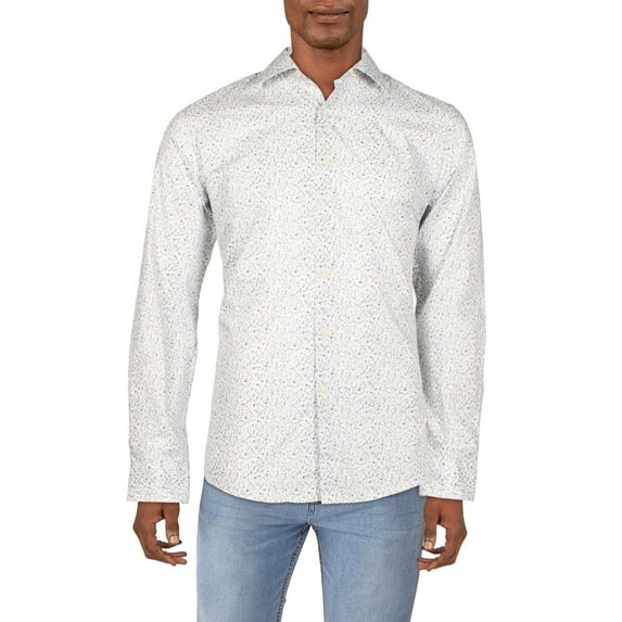 Bar III Mens Slim Fit Floral Dress Shirt White Blue L