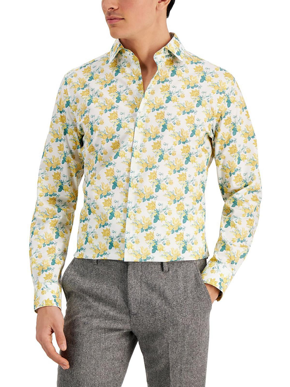 Bar III Mens Slim Fit Watercolor Floral Dress Shirt White Ylllw Grn S