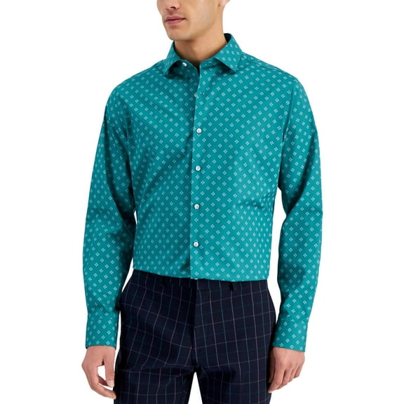 Bar III Men's Organic Cotton Slim Fit Medallion Dress Shirt Lt Green-S 14-14.5