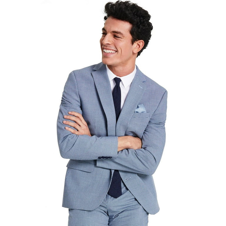 Bar III Mens Slim Fit Mini Check Suit Jacket 40 Short Navy Blue Sport Coat NWT