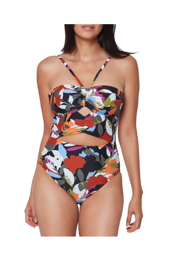 OLIVE MULTI Printed Bandeau Cutout One-Piece Swimsuit, US Small