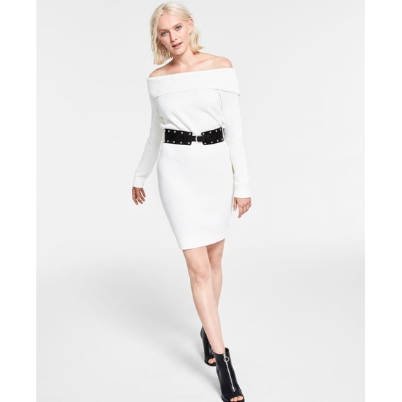 Bar III Off The Shoulder Belted Sweater Dress2673 Washed White L