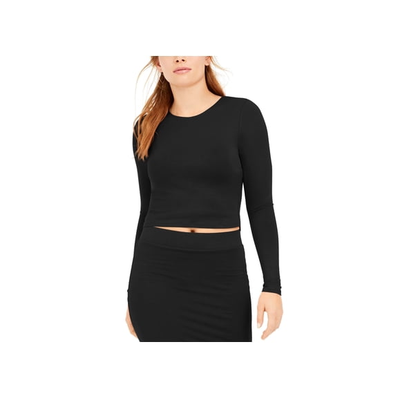Bar III Petite Cropped Long Sleeve Top Deep Black PL