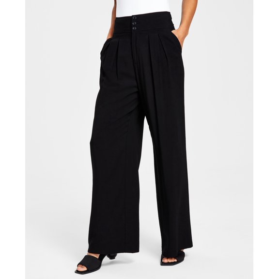 Bar III Petite High Rise Pleated Wide Leg Pants Deep Black 6P