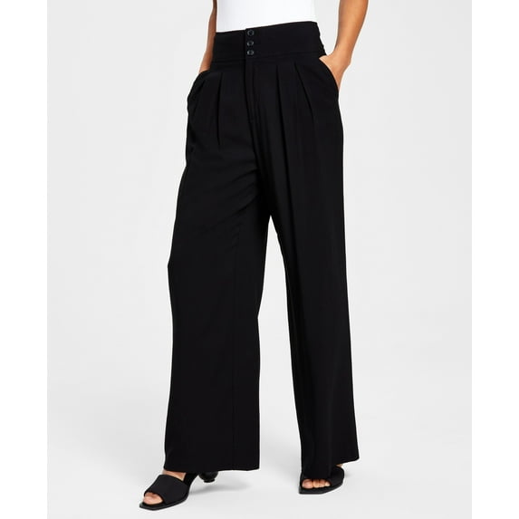 Bar III Petite High Rise Pleated Wide Leg Pants Deep Black 6P