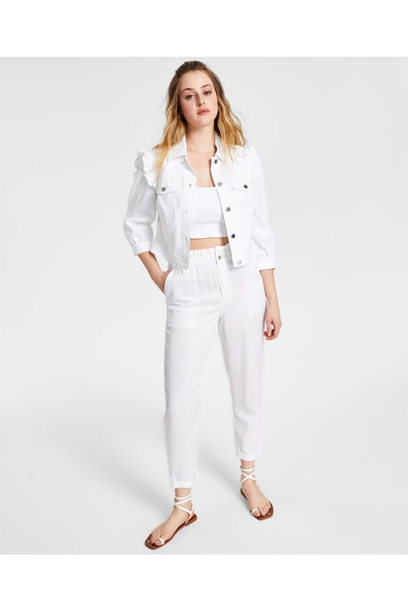 Petite Ruffled Cropped Denim Jacket Bright White PM