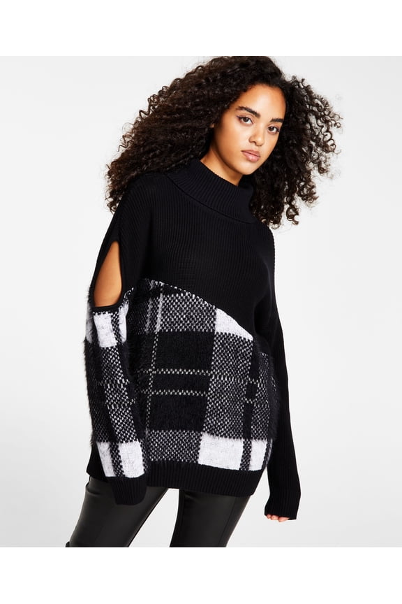 Plaid Cutout Turtleneck Sweater Rebel Plai XL