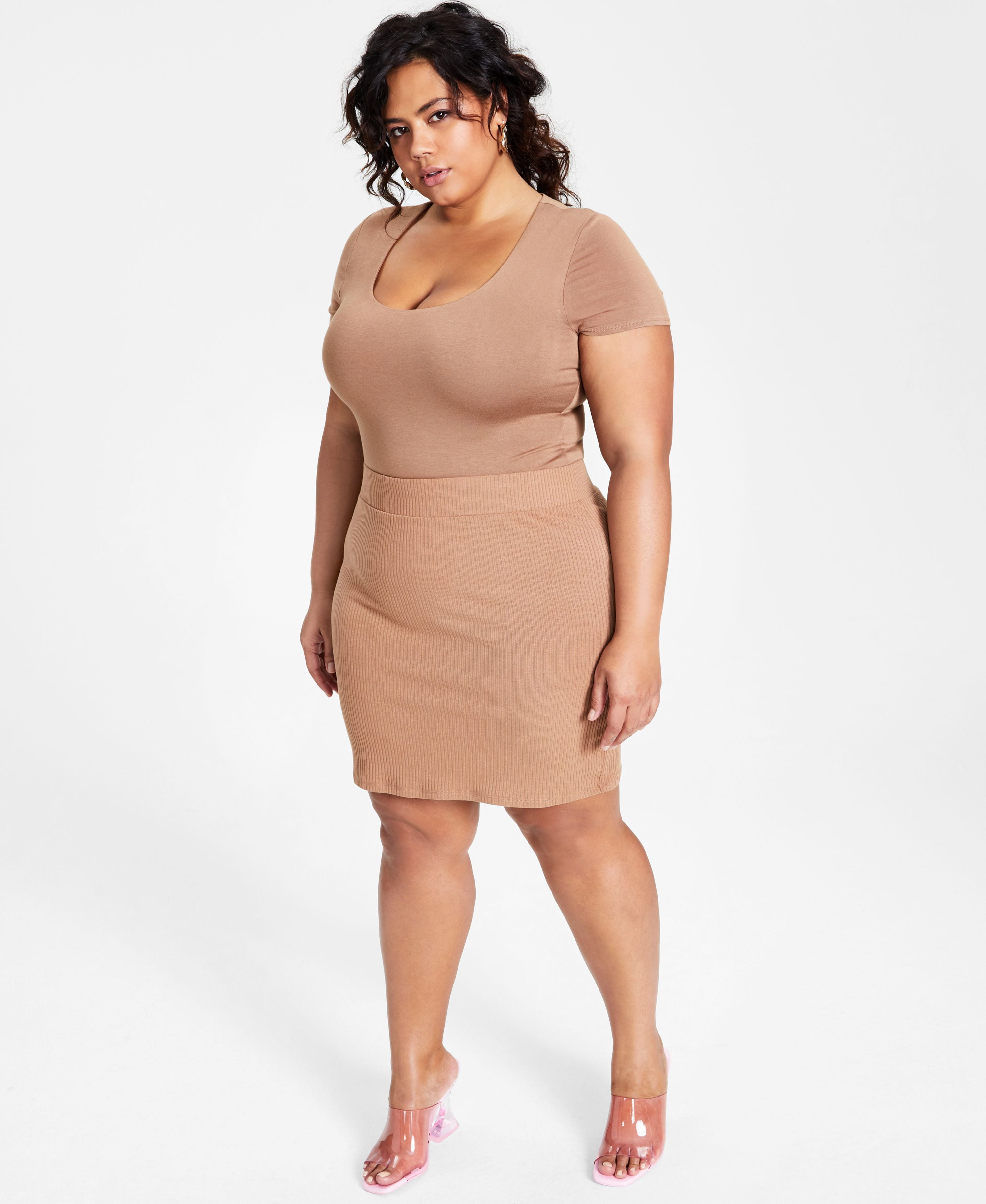 Bar III Plus Size Bodycon Scoop Neck Bodysuit Library Oatmeal 2X ...