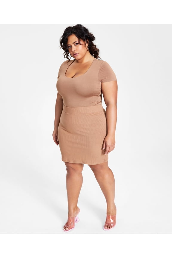 Plus Size Bodycon Scoop Neck Bodysuit Library Oatmeal 3X