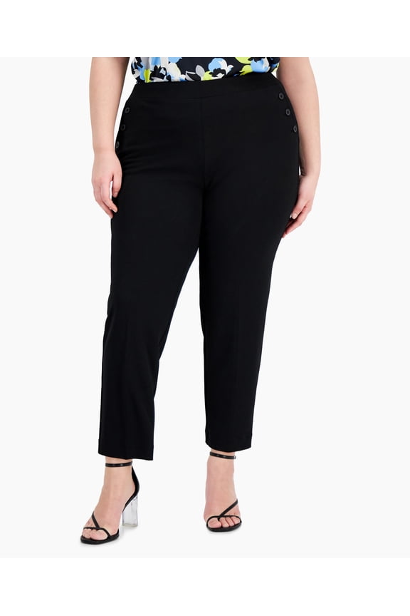 Plus Size Button Trim Slim Leg Ankle Pants Black 3X