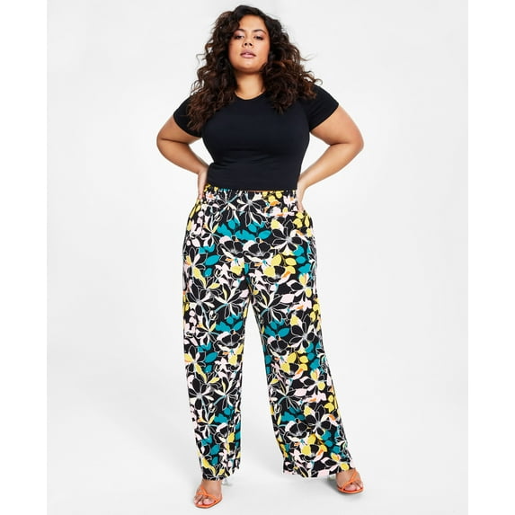 Bar III Plus Size Floral Print Wide Leg Pull On Pants Miami Bloom 1X