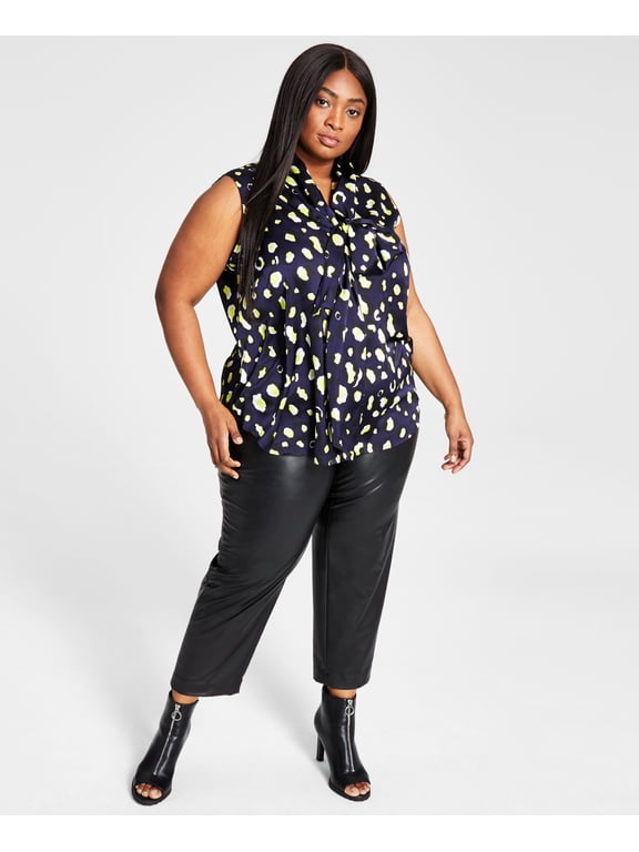 Plus Size Leopard-Print Tie-Neck Blouse Navy/Lemon Lime Combo 2X