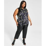 Bar III Plus Size Leopard-Print Tie-Neck Blouse Navy/Lemon Lime Combo 2X