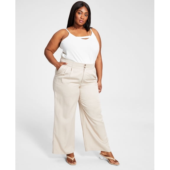 Bar III Plus Size Pleated Twill Wide Leg Pants Naturally Nude 4X