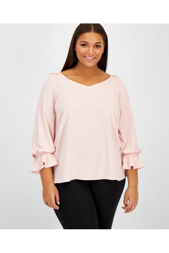 Plus Size Solid Cinched-Sleeve V-Neck Top Rosebud 3X