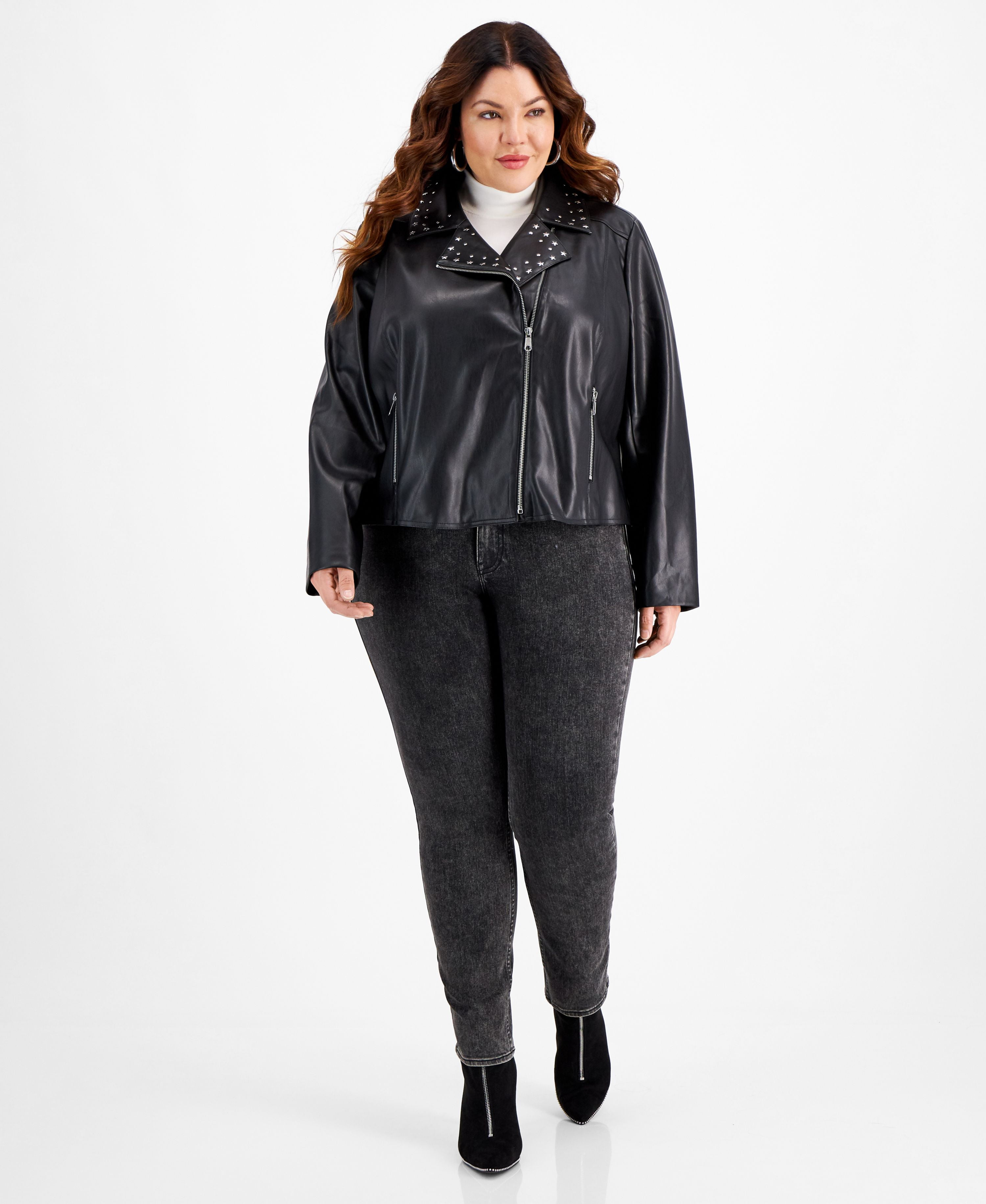 Bar III Plus Size Studded Faux Leather Jacket Deep Black 2X