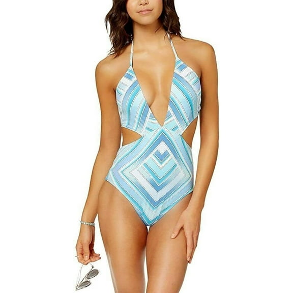 Bar III Printed Plunge Cutout Monokini One-Piece Swimsuit, CRYSTAL BLUE, S New with box/tags