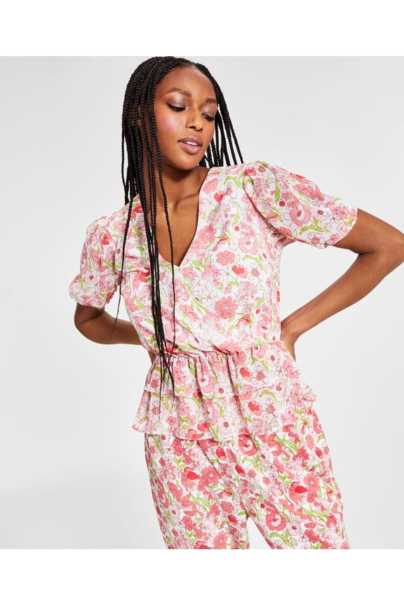 Printed Puff Sleeve Peplum Top Floral Dot M