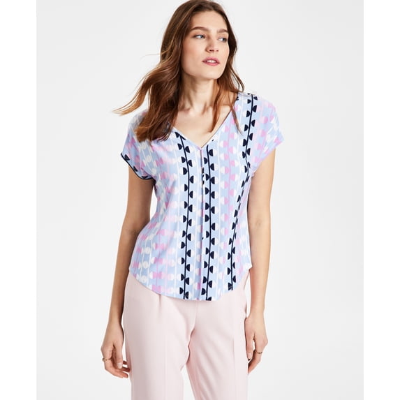 Bar III Printed Seamed V Neck Top Blue Salt Combo M
