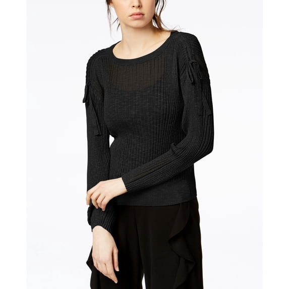 Bar III Ribbed Drawstring Sweater Deep Black L