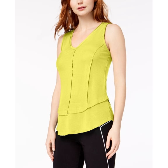 Bar III Ribbed Layered Look V Neck Top Lemon M