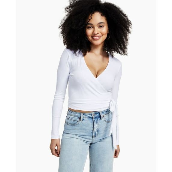 Bar III Ribbed Wrap Top Bright White L