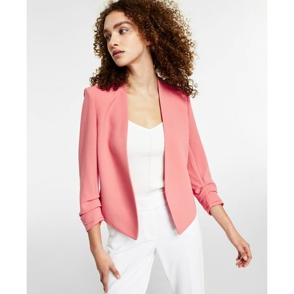 Bar III Ruched-Sleeve Open-Front Jacket Coral Rose 2XS