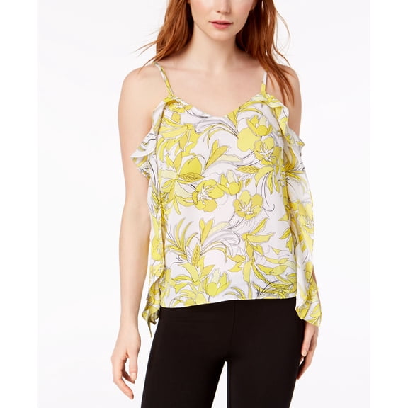 Bar III Ruffled Printed Floral Top Prairie Yellow M