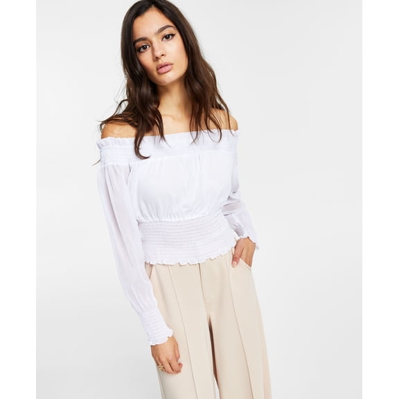 Bar III Smocked Off The Shoulder Top Bright White XL