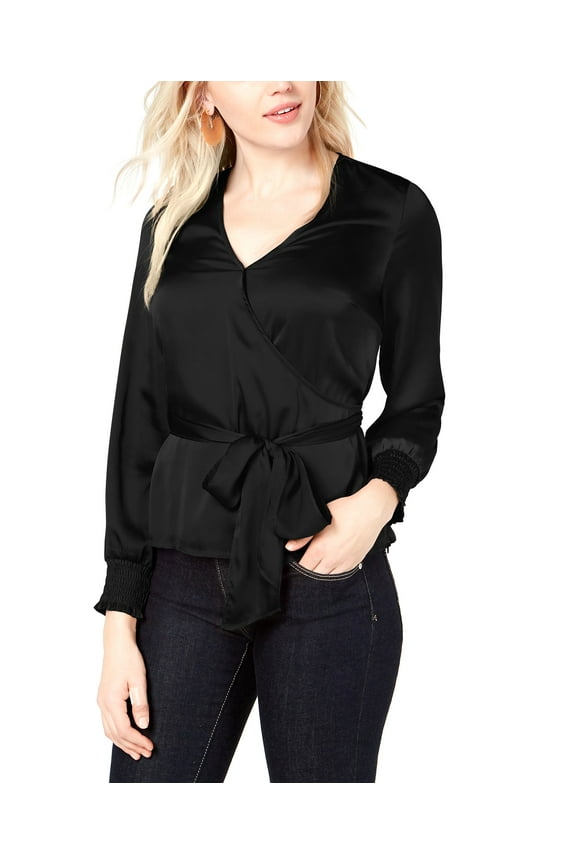 | Smocked Surplice Wrap Blouse | Black | Size L