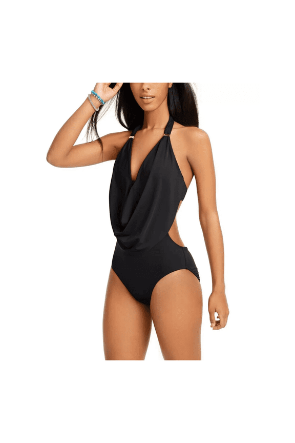 Solid Cowlneck One-Piece Women's Swimsuit, Black , Medium