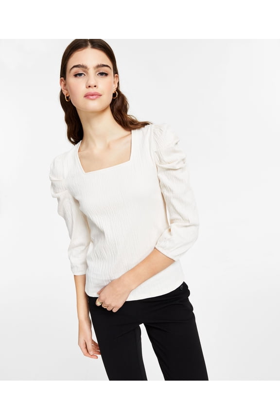 Square Neck Puff Shoulder Top Bar White 2XS