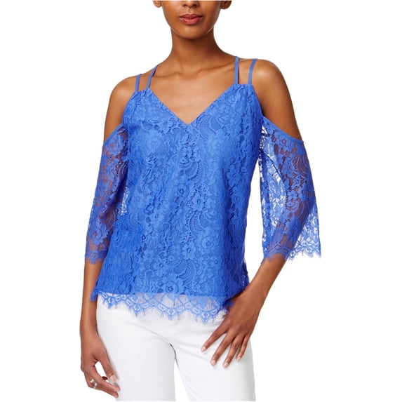 Bar III Strappy Lace Cold Shoulder Top Cobalt Glaze XL