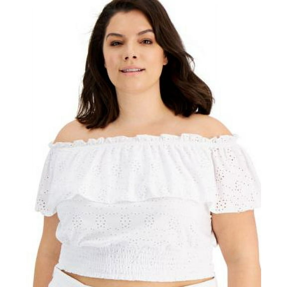 Bar III Trendy Plus Off The Shoulder Eyelet Top Bright White 3X