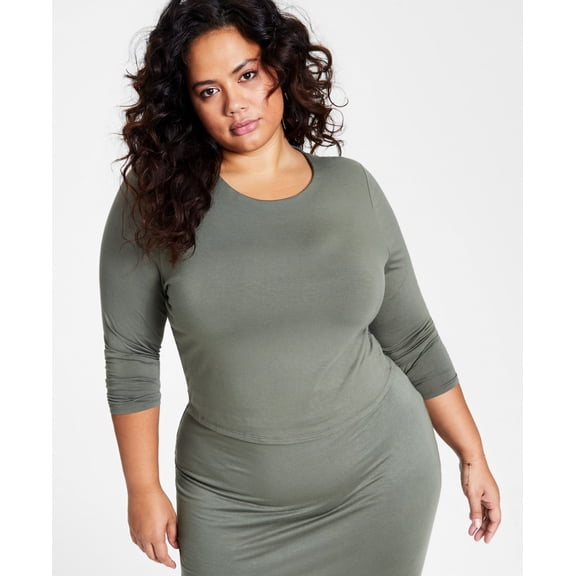 Bar III Trendy Plus Size Bodycon Long Sleeved Jersey Top Dusty Olive 2X
