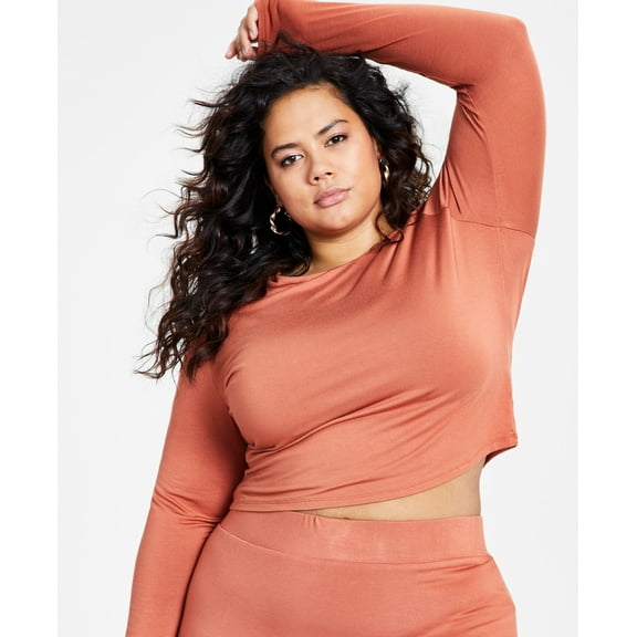 Bar III Trendy Plus Size Bodycon Long Sleeved Jersey Top Terra Stone 3X