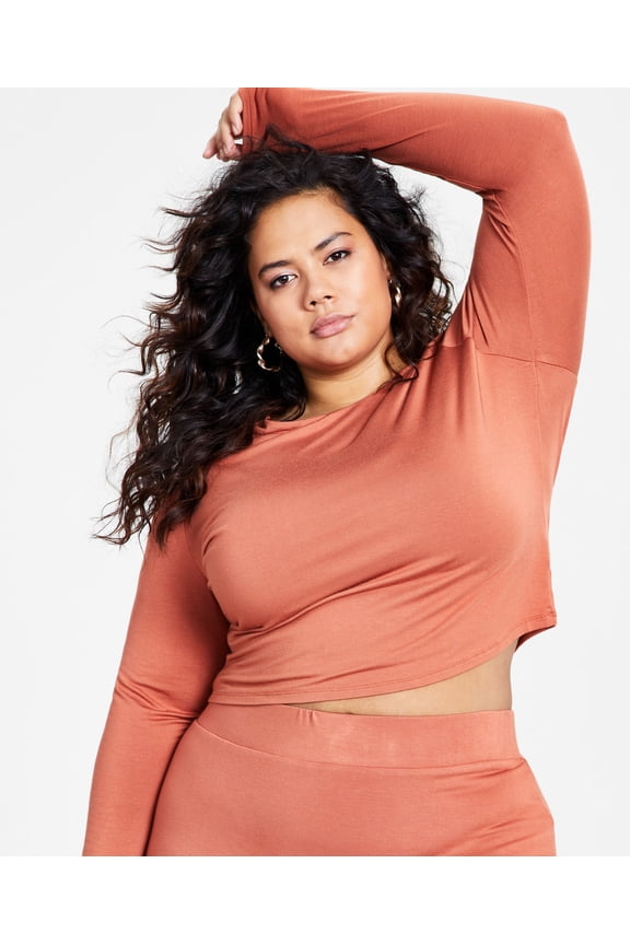 Trendy Plus Size Bodycon Long Sleeved Jersey Top Terra Stone 3X