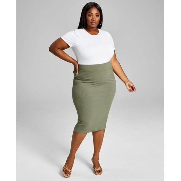 Bar III Trendy Plus Size Bodycon Ribbed Midi Skirt Dusty Olive 1X