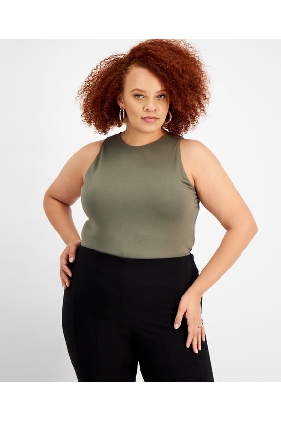 Trendy Plus Size Bodycon Tank Bodysuit Dusty Olive 1X