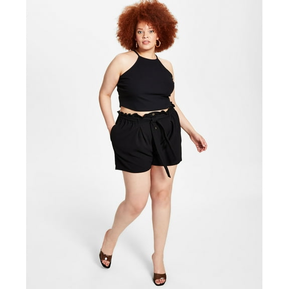 Bar III Trendy Plus Size High Rise Shorts Deep Black 2X