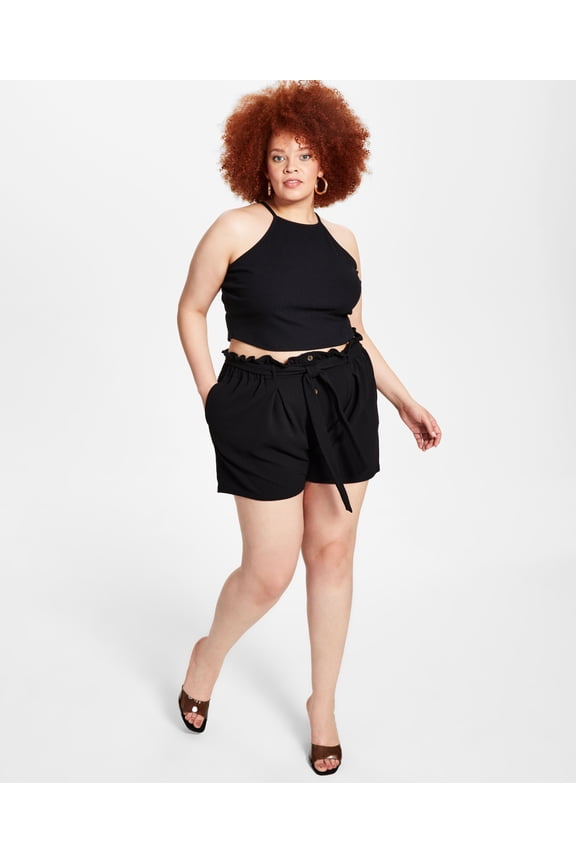 Trendy Plus Size High Rise Shorts Deep Black 3X