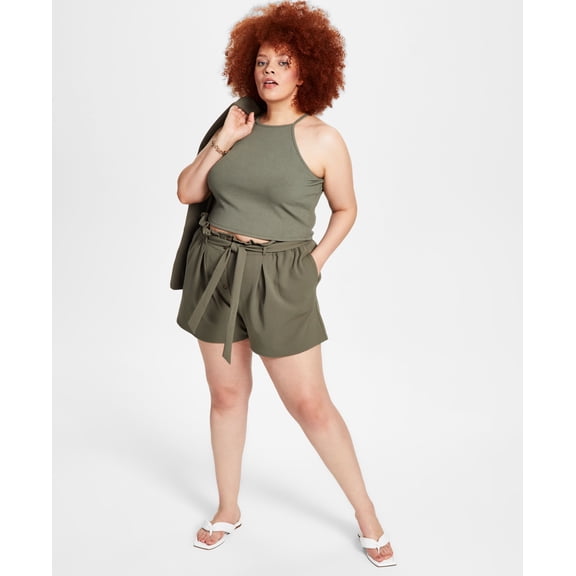 Bar III Trendy Plus Size High Rise Shorts Dusty Olive 0X
