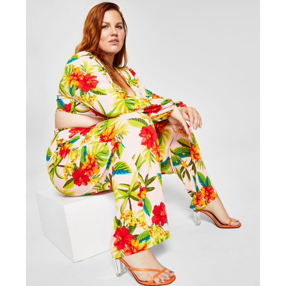 Bar III Trendy Plus Size Printed Soft Pants Hibiscus Jungle 2X