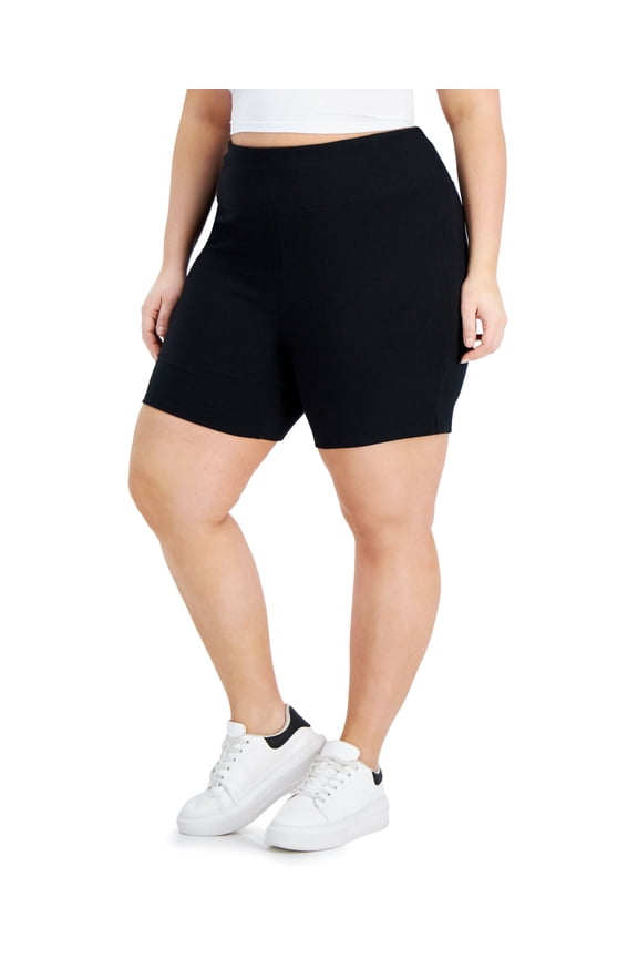 Trendy Plus Size Ribbed Bike Shorts Deep Black 3X